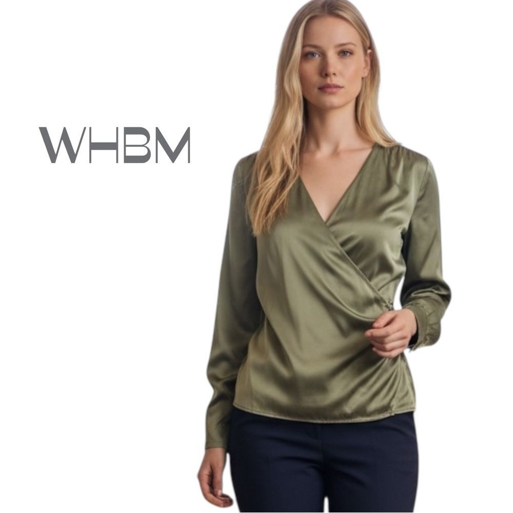 WHBM Sage Green Satin Faux Wrap Top NWT Size M Coastal Grandma